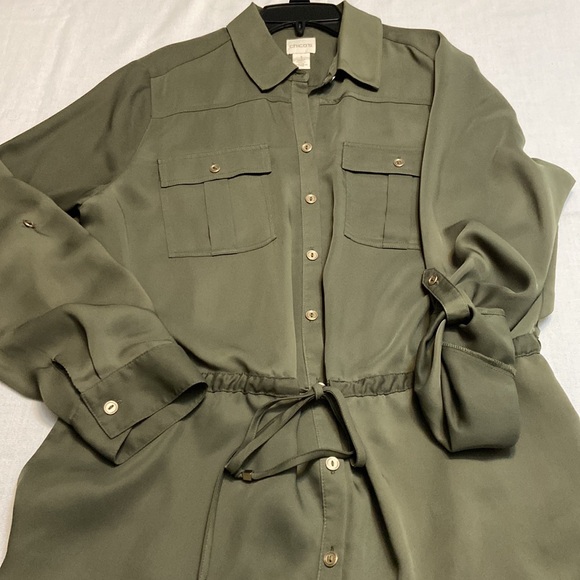 Chicos Womens Green Button Front Draw Waist Tunic Length Blouse - Size 1 (M) - Picture 7 of 10